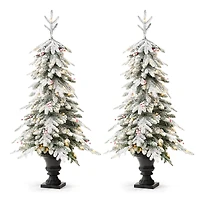 2 Pack 5ft. Pre-Lit Flocked Fir Artificial Christmas Porch Tree in Planter, Warm White Lights
