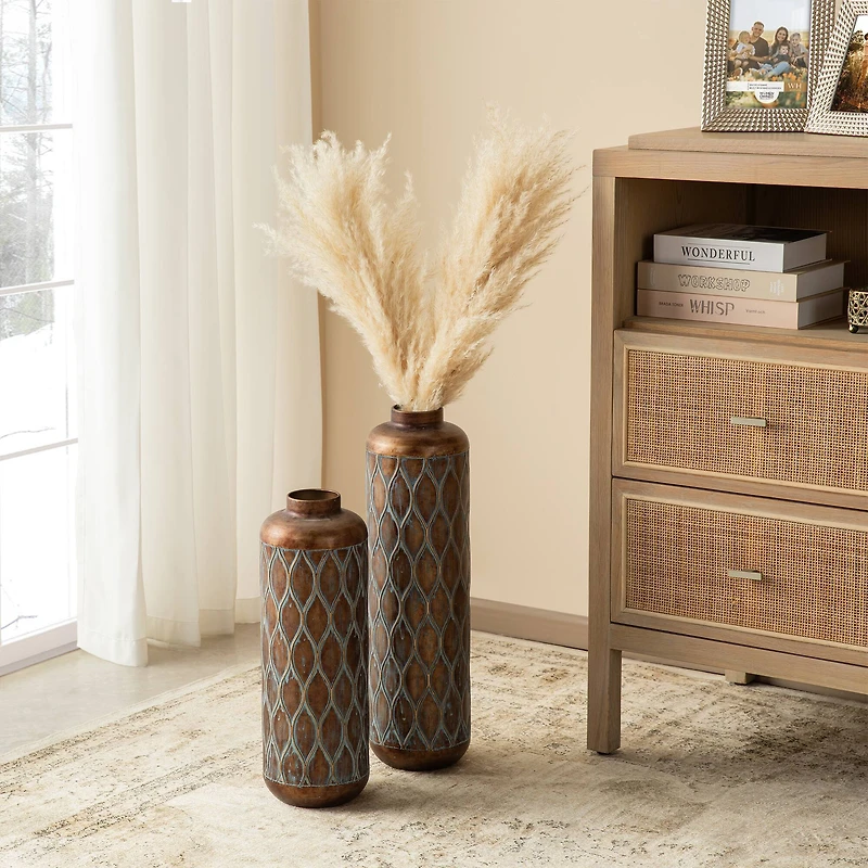 Glitzhome® Antique Gold with Verdigris Finish Cylinder Metal Floor Vases Set