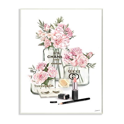 Stupell Industries Pink Rose Florals in Glam Fashion Jars Wood Wall Plaque