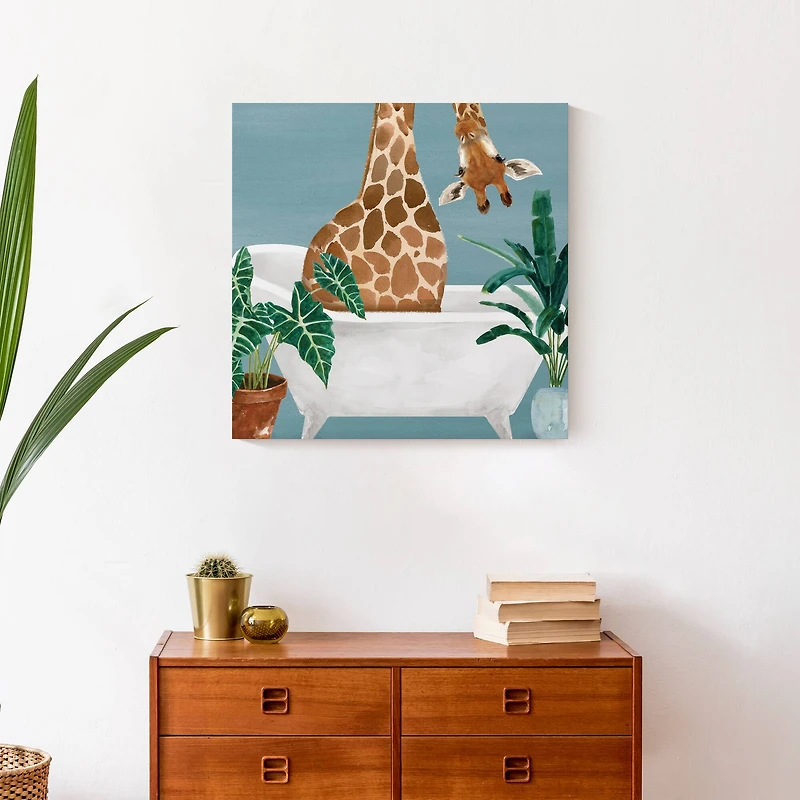 Giraffe In The Tub 20" x 20" Canvas Wall Art