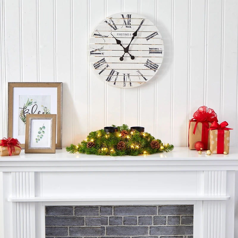 24” Artificial Christmas Double Candelabrum & Pinecones with Warm White Lights