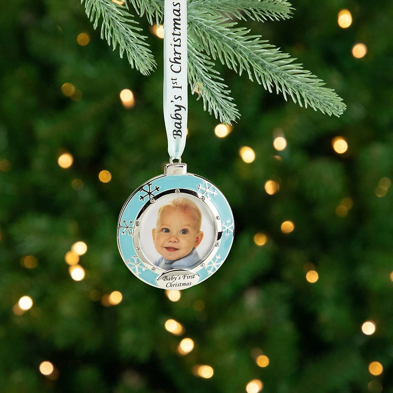 3" Blue & Silver "Baby's First Christmas" Framed Ornament