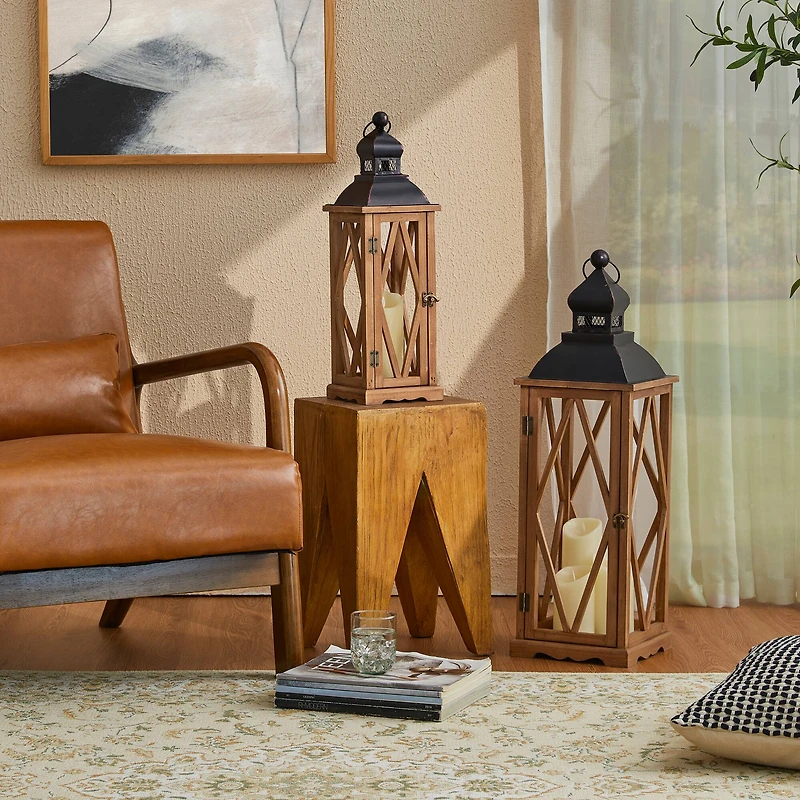 Glitzhome® Farmhouse Antique Diamond Wood & Metal Lanterns Set