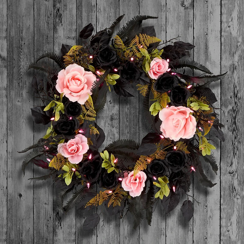 24" Cute & Creepy Black & Pink Flower Halloween Pre-Lit LED Wreath