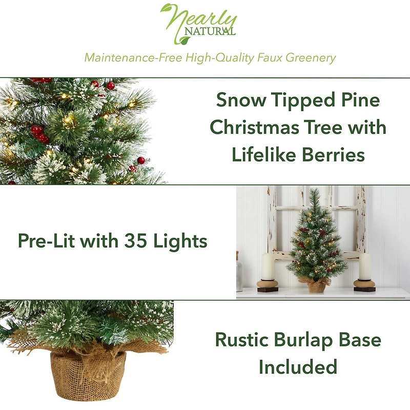 2ft. Pre-Lit Flocked Pine & Berry Artificial Christmas Tree in Burlap Base, Warm White LED Lights