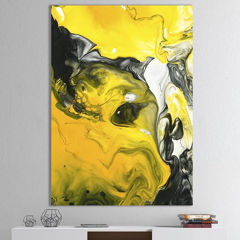 Designart - Yellow, White and Black Hand Painted Marbled Acrylic