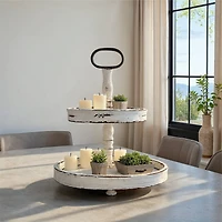 Hello Honey® 18.5" Distressed Cream Wood 2-Tier Tray