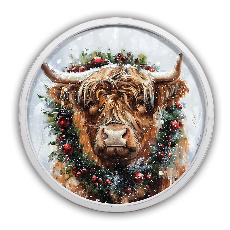 Painterly Christmas Highland 20" x 20" Round White Framed Print
