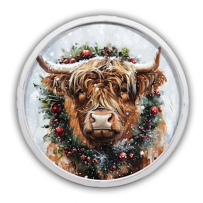 Painterly Christmas Highland 20" x 20" Round White Framed Print