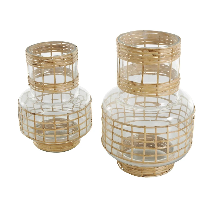 Clear Glass Double Ring Rattan Wrapped Vase Set