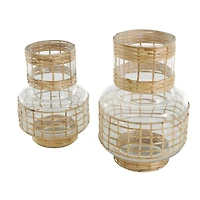 Clear Glass Double Ring Rattan Wrapped Vase Set