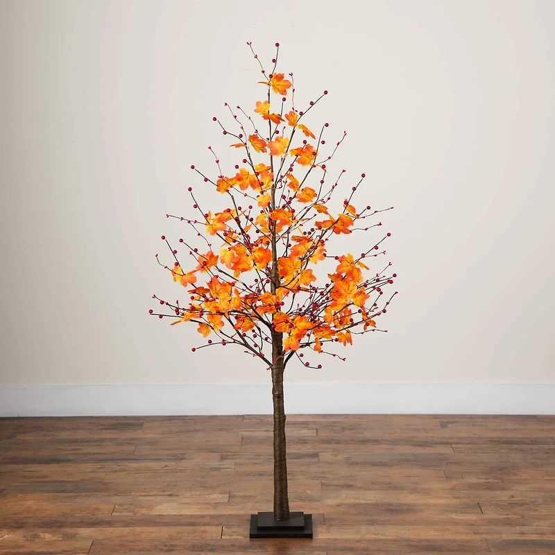 5ft. Pre-Lit Autumn Maple Artificial Fall Tree with Berries and 96 Warm White LED Lights