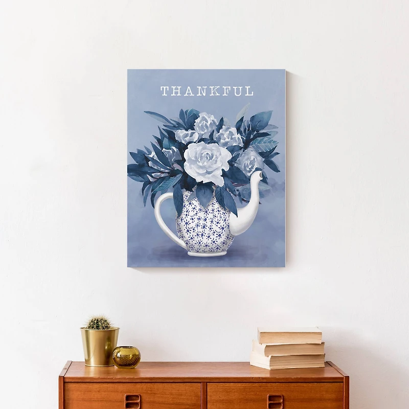 Thankful Teapot With Flowers Canvas Wall Art