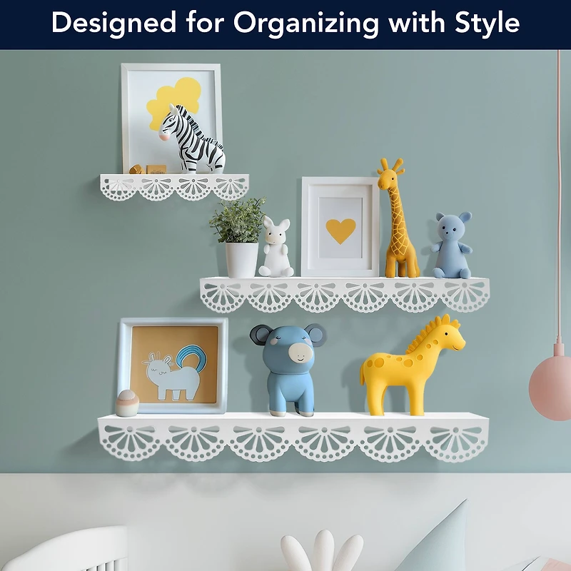 American Art Decor Scallop Metal Floating Shelves, White 3" x 5" x 24",  3pc.