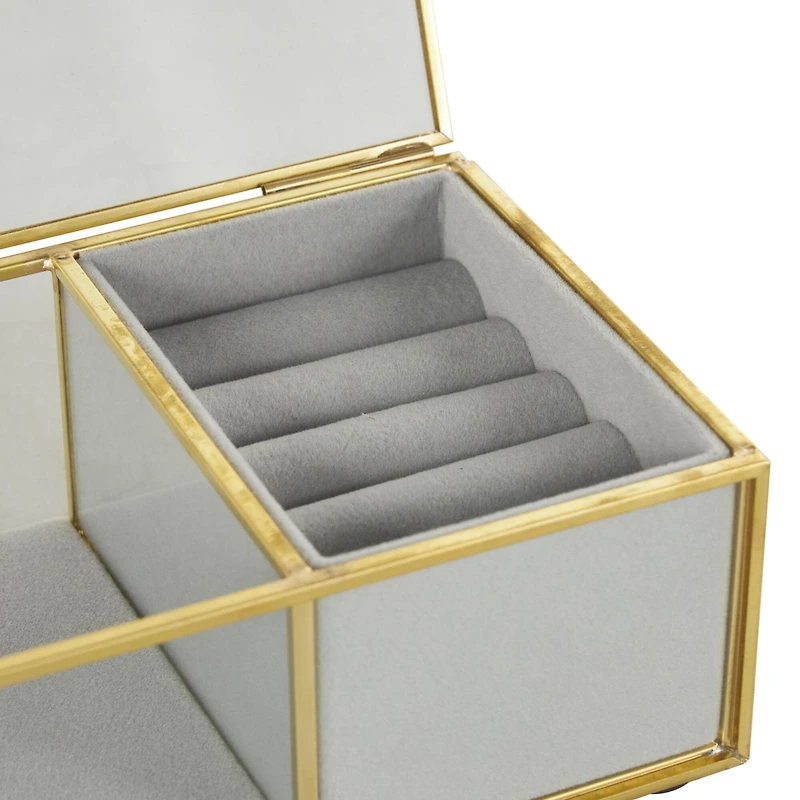 7" x 4" x 3" Clear & Gold Glass & Metal Jewelry Box with Chain Accent & Fabric Ring Slots