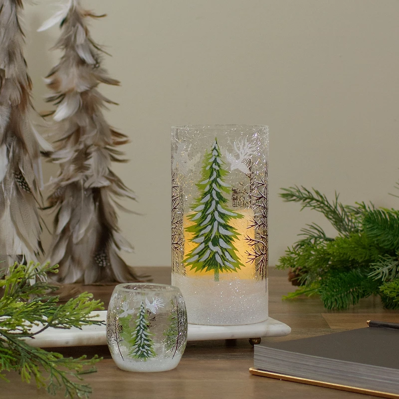 8" Hand Painted Christmas Pine Trees Flameless Glass Candle Holder