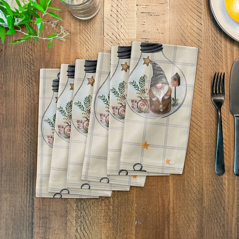 Cream & Gray Check Gnome Globe Pattern Cotton Twill Napkin