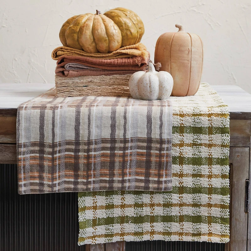 Hello Honey 108" x 14" Cream, Brown & Orange Plaid Woven Cotton Table Runner