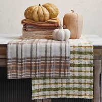 Hello Honey 108" x 14" Cream, Brown & Orange Plaid Woven Cotton Table Runner