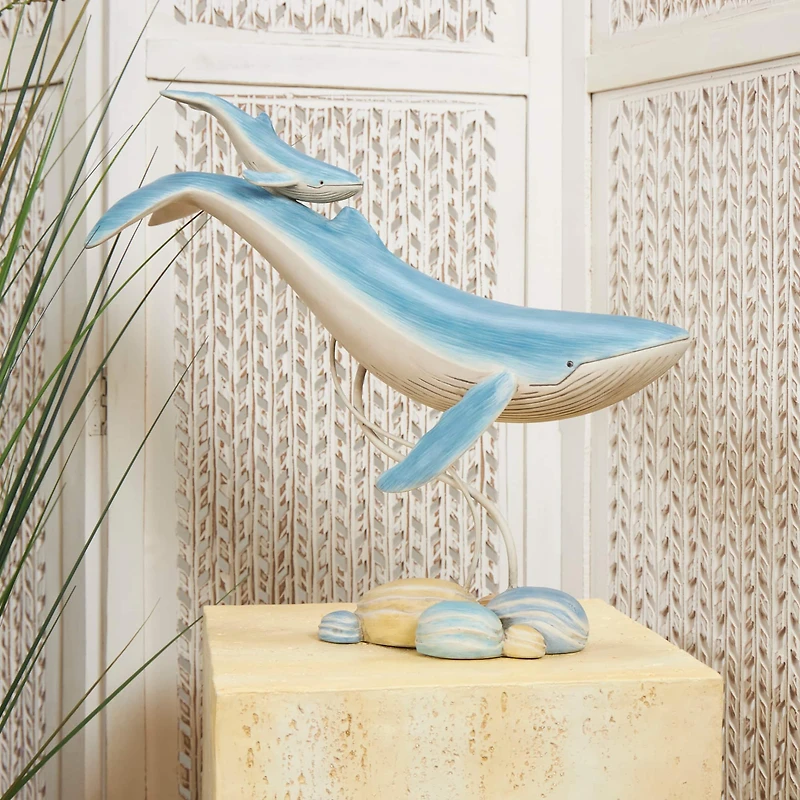 18.5" Blue Polystone Swimming Whale Parent & Child Sculpture Décor