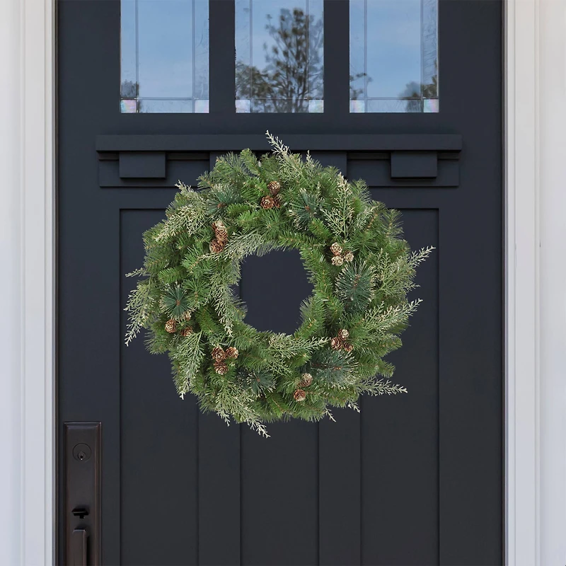Haute Decor 24" Pre-Lit Bergen Pine Gold Accents Wreath, Soft White LED Lights