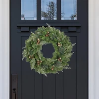 Haute Decor 24" Pre-Lit Bergen Pine Gold Accents Wreath, Soft White LED Lights