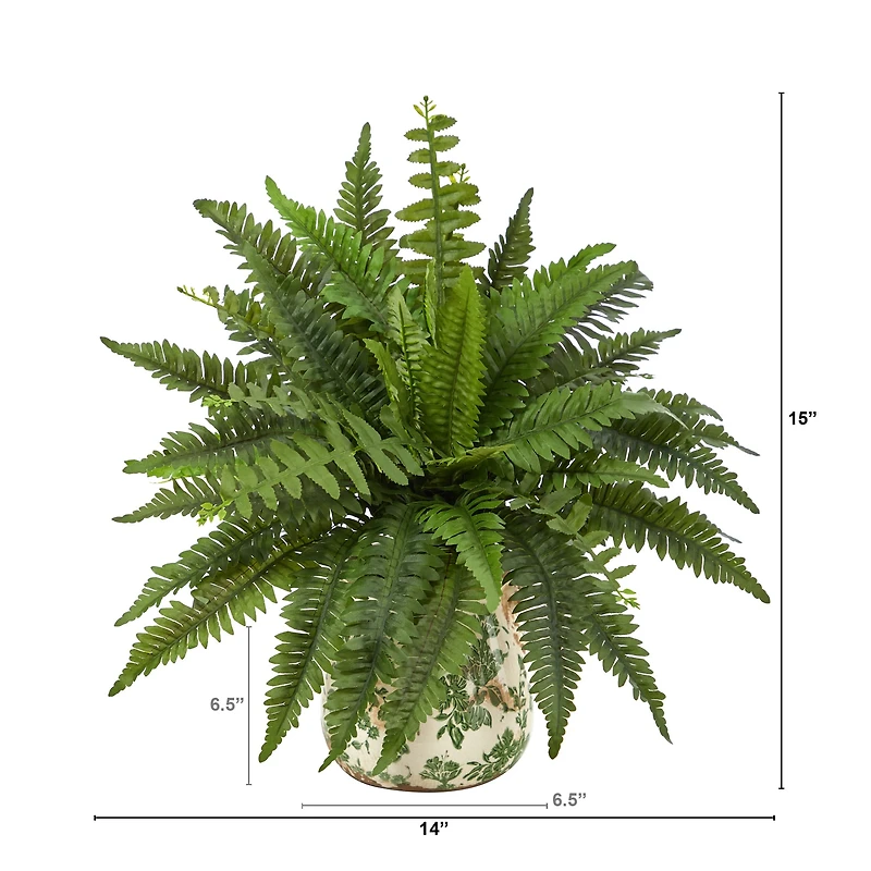 15" Boston Fern Artificial Plant with Tuscan Ceramic Green Scroll Planter