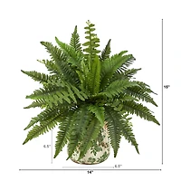 15" Boston Fern Artificial Plant with Tuscan Ceramic Green Scroll Planter