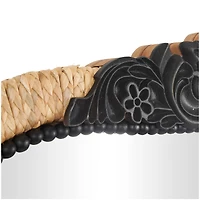 35" Brown & Black Woven Floral Rattan Wall Mirror with Beaded Detailing