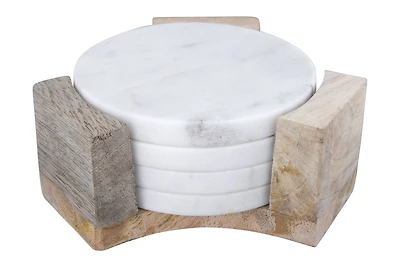 Hello Honey® Round Marble Coasters with Mango Wood Holder Set