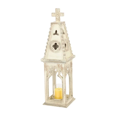 White Wood Vintage Candle Holder Lantern, 28" x 8" x 8"