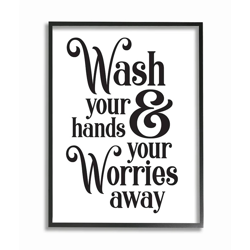 Stupell Industries Wash Your Hands and Worries Bathroom Phrase Clean Framed Wall Art