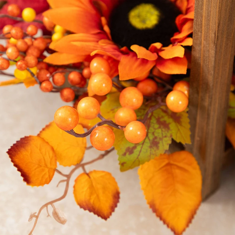 Glitzhome® 20" Fall Sunflower, Pinecone and Berry Wood Lantern Centerpiece