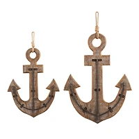 Whitewashed Brown Wood Anchor Wall Hook Set with 4 Bronze Hangers and Hanging Rope