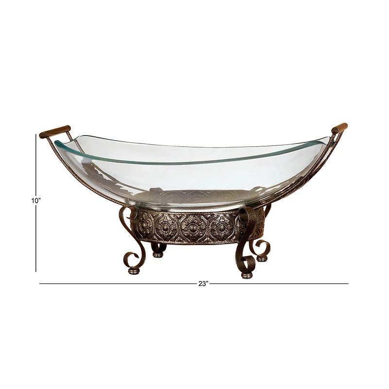 Brown Glass and Metal Traditional Serving Bowl, 10" x 23" x 14"