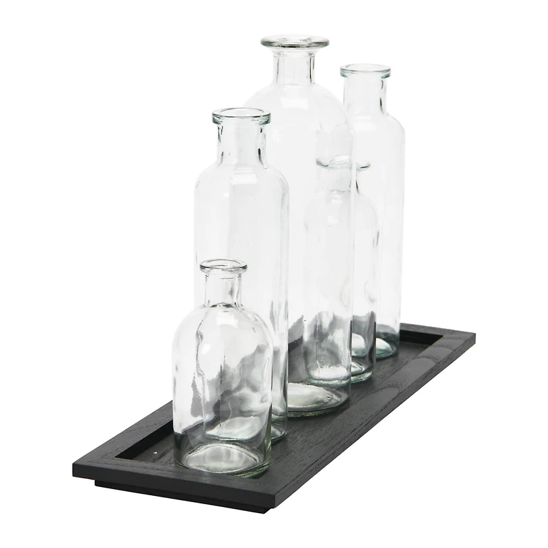 Hello Honey® Black Wood Tray with Glass Bottle Vases Set
