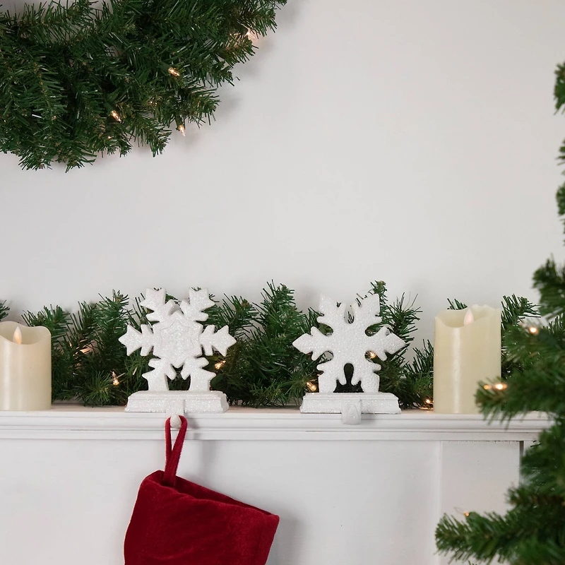 White Glittered Snowflake Christmas Stocking Holder Set