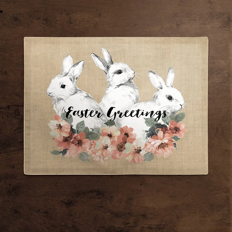 Sketched Bunnies On White Burlap 18" x 14" Poly Twill Placemat