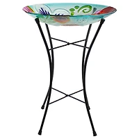 21'' White and Blue Hand Painted Floral Glass Birdbath