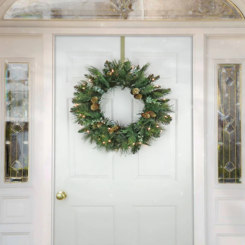 First Traditions™ 24'' Pre-Lit Artificial North Conway Wreath with Glittery Cones and Eucalyptus