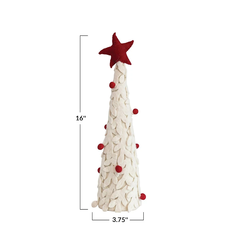 Hello Honey® 16" Red & Cream Handmade Wool Felt Applique Tree with Star & Pom Poms