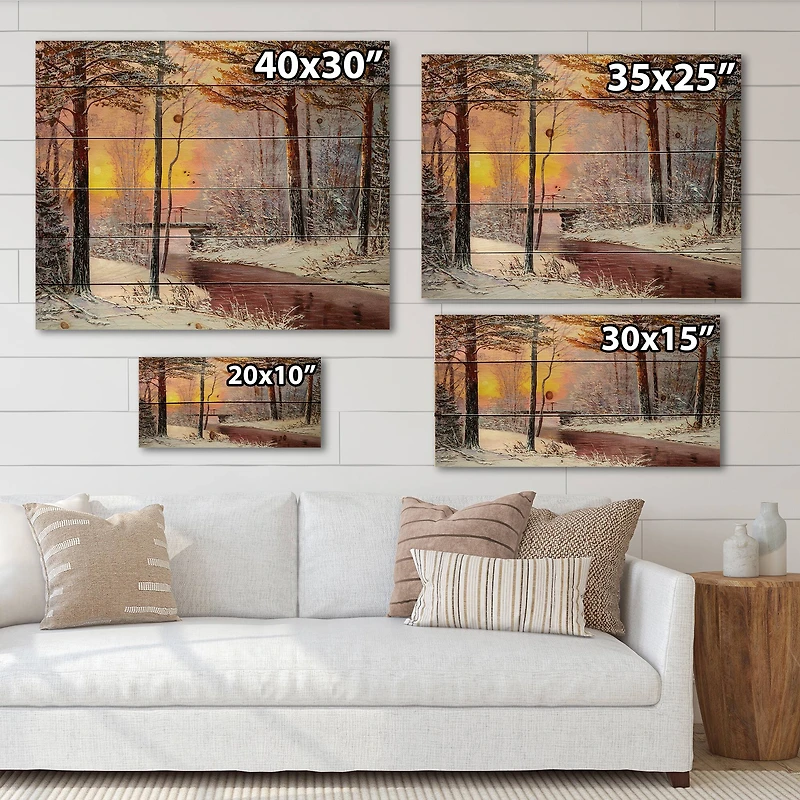Designart Christmas Forest with River & Trees IV Print on Natural Pine Wood
