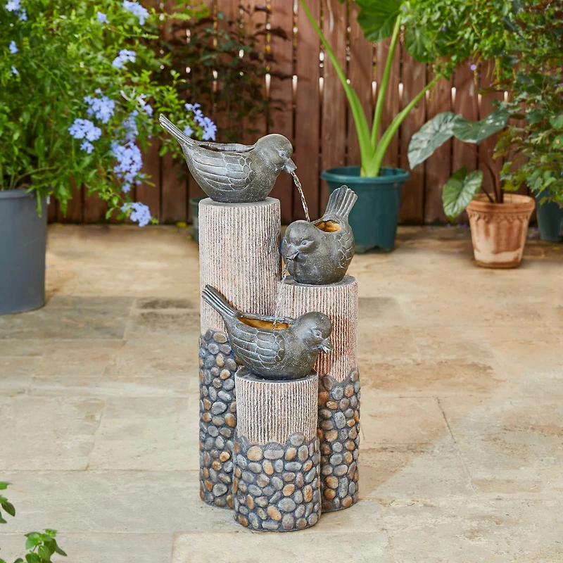 Glitzhome® 30.75" 3-Tier Natural Faux Pebbles Textured Bird Basin Outdoor Fountain with LED Light