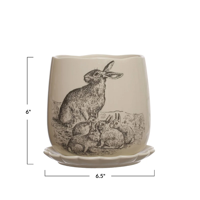 Hello Honey® 6.5" Round Rabbit Stoneware Planter & Scalloped Saucer