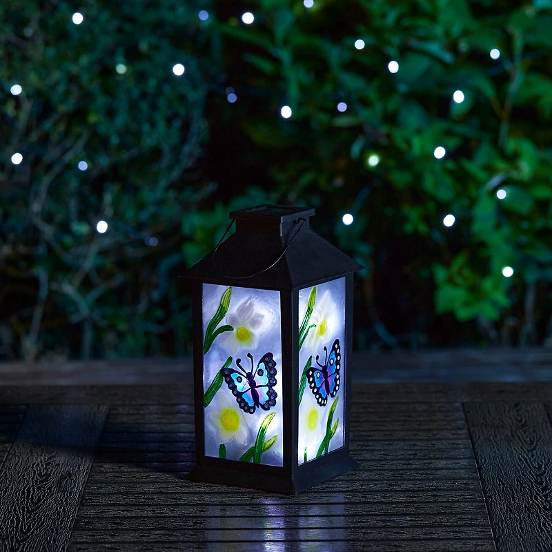 Glitzhome® 11" Glass with Butterfly & Flower Pattern Solar Powered Hanging Lantern