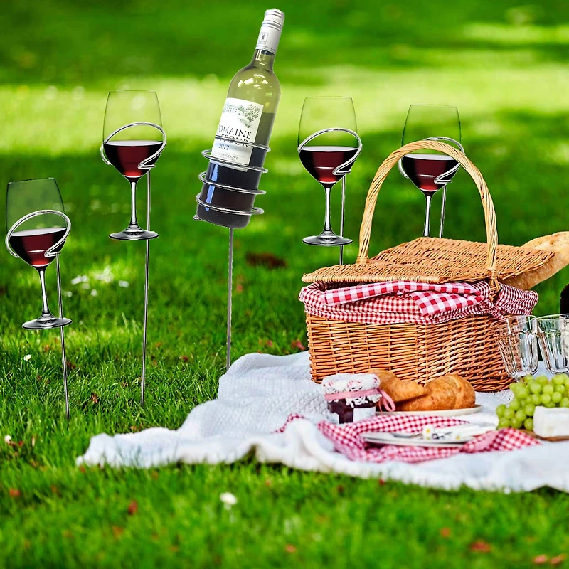 Mind Reader Silver 5-Piece Set Picnic Metal Wine Sticks Holder for Wine Bottle & Wine Glasses