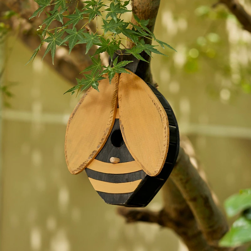 Glitzhome® 11.75" Distressed Wood Bee-Shaped Birdhouse