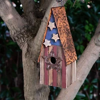 Glitzhome® Distressed Wood & Metal Patriotic Bird House with Stars