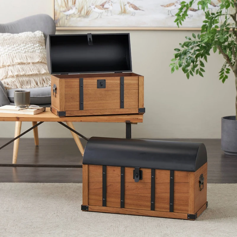 Brown Studded Storage Trunk with Black Metal Arched Tops & Vertical Strips Set