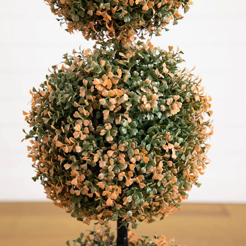 3ft. UV Resistant Autumn Triple Ball Boxwood Artificial Fall Topiary Tree with 30 Warm White LED Lights (Indoor/Outdoor)